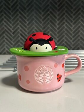 RARE Starbucks Pink Hearts Mug with Green Ladybug Lid